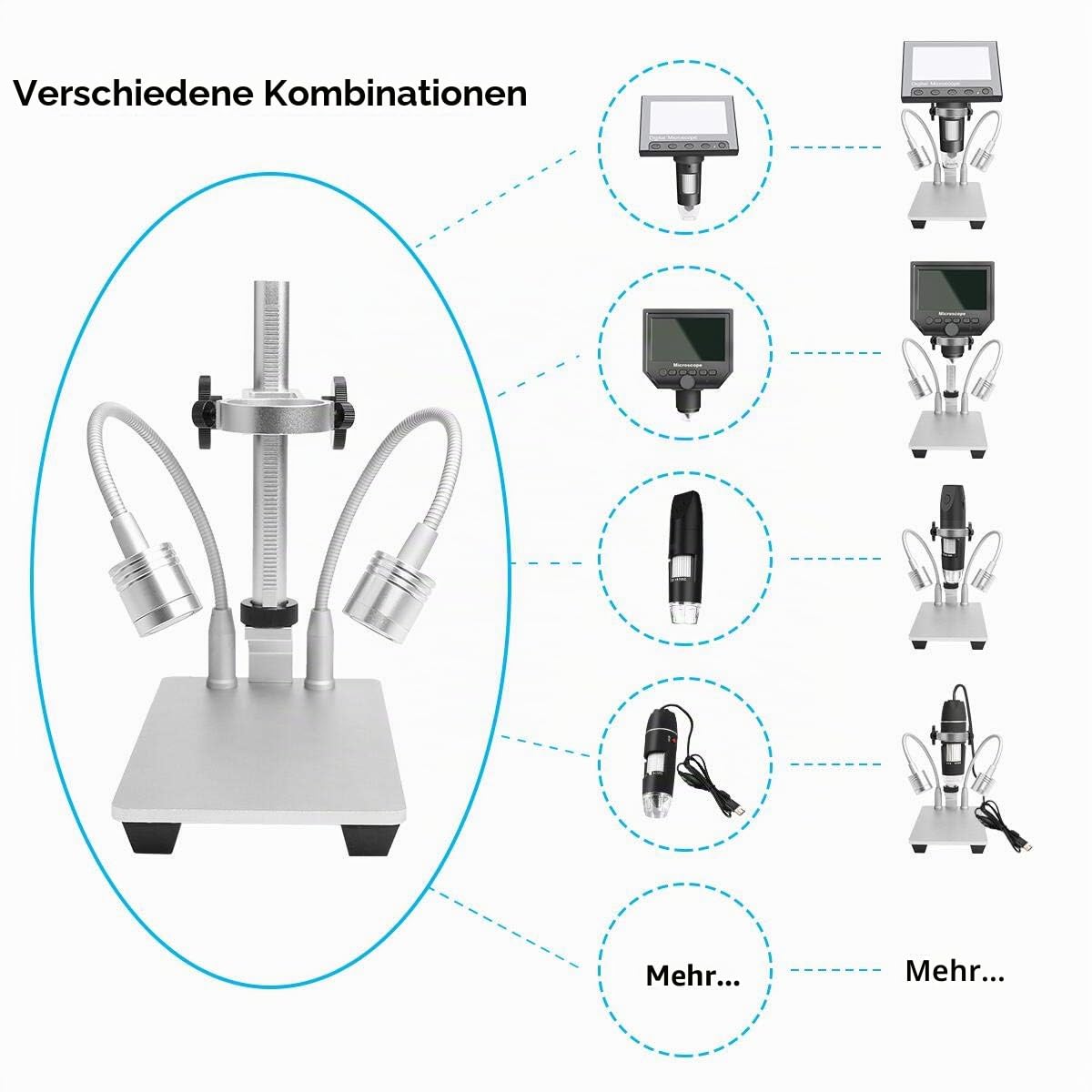 Jiusion Ständer mit 2 Lampen aus Aluminiumlegierung, universell verstellbar, professioneller Standhalter, Tischhalterung für max. 3,5cm Durchmesser USB-Digital-Mikroskop-Lupe, Lupe Kamera