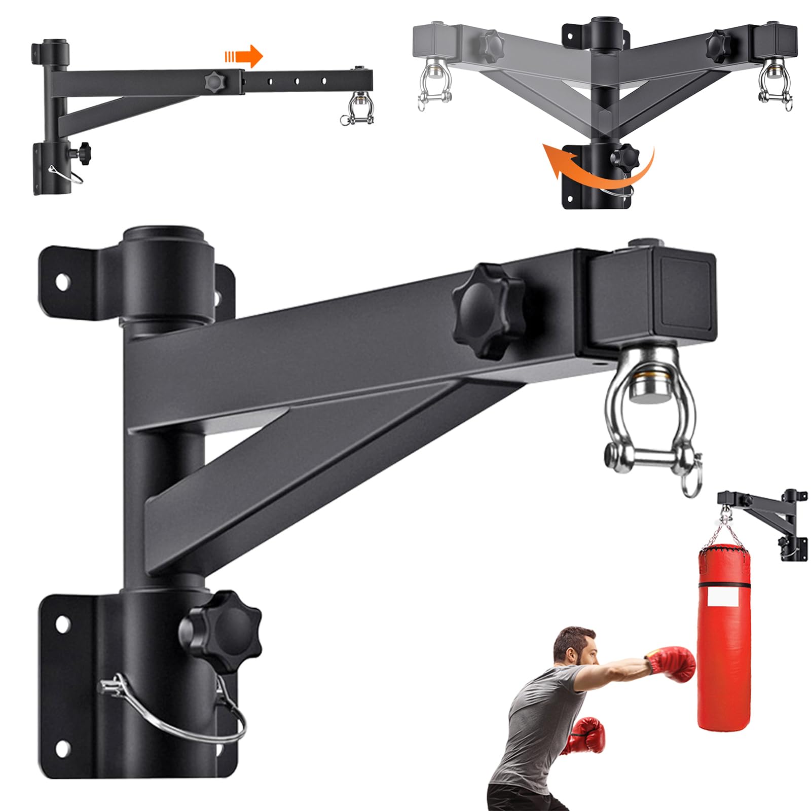 Support Sac de Frappe Adulte, Support Mural Sac de Boxe, Longueur Réglable (43-63cm), Rotation à 180° pour Pliable, Supporte 150kg Punching Ball, pour Salle de Sport à Domicile/Garage/Sous-sol
