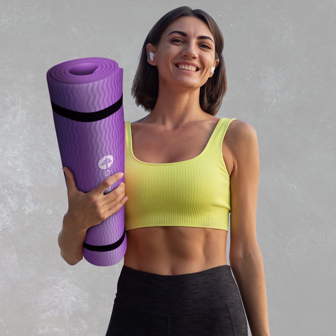 Esterilla gruesa para yoga para ejercicio, 60,9 x 182,9 cm, ideal para camping, entrenamientos cardiovasculares, pilates, gimnasia con correa de transporte incluida, de Gymenist, Púrpura