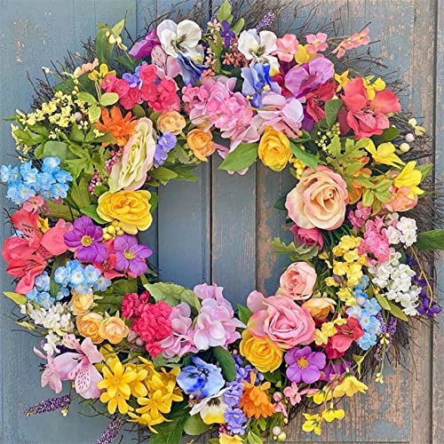 Mbeta Artificial Hydrangea Wreath, Front Door Spring Rainbow Flowers Garland Decors, Colorful Wreath For Front Door, Garden Decoration Wreath, Beautiful Wreath For Indoor And Outdoor 13.78In #TOP7