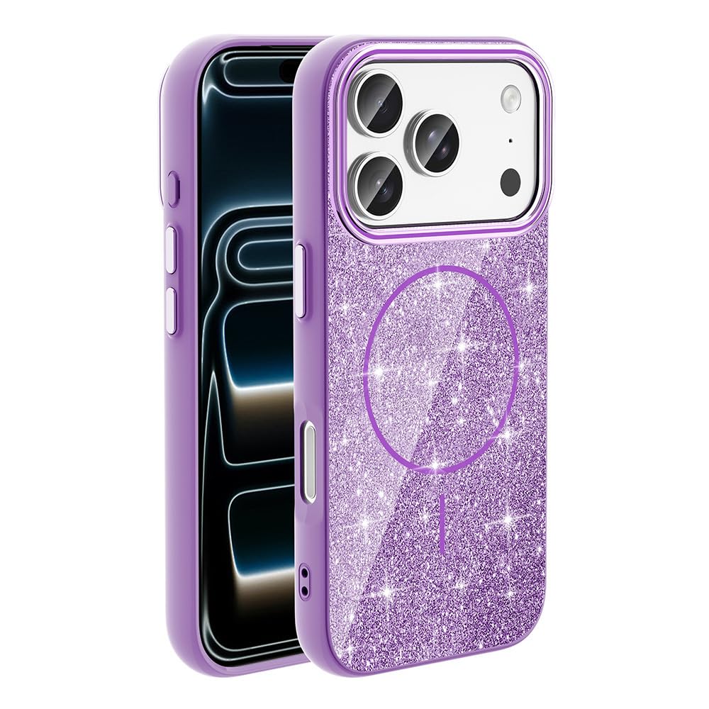 Zore Apple ile uyumlu iPhone 17 Pro Max Kılıf M-safe Şarj Özellikli Parlayan Simli Zore Okso Kapak Derin Mor