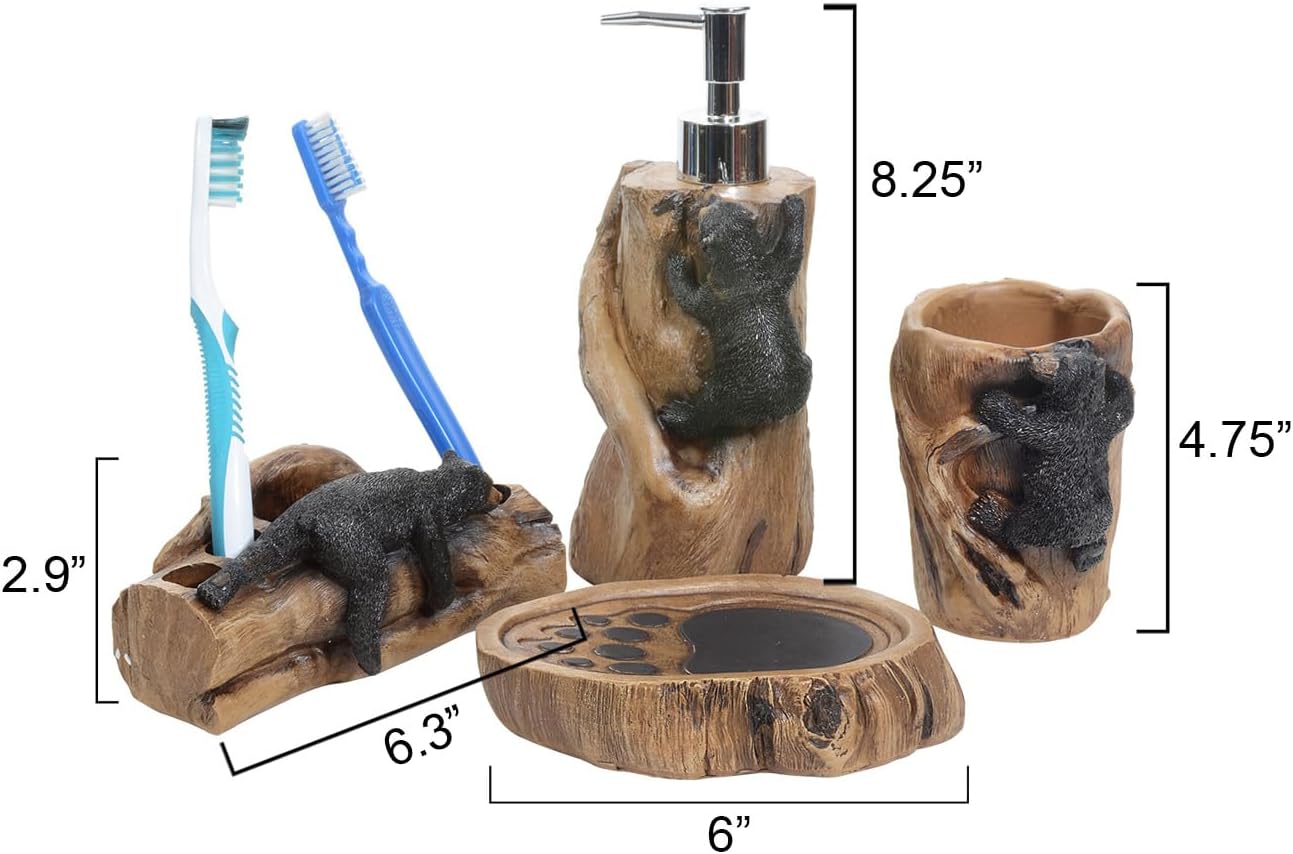 BLACK FOREST DECOR Climbing Black Bears Bath Set – Rustic Lodge Polyresin Bathroom Accessories – Set of 4
