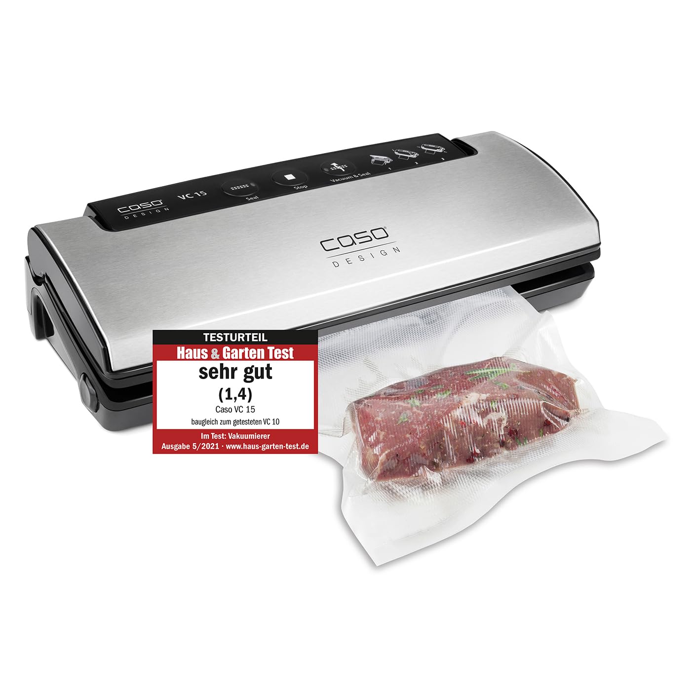CASO VC15 Vacuum Sealer - Vacuum Device, Test Rating Very Good, Food Stay Vacuumed Fresh Up to 8x Longer Separate Welding Function, Includes 10 Free Professional Foil Bags