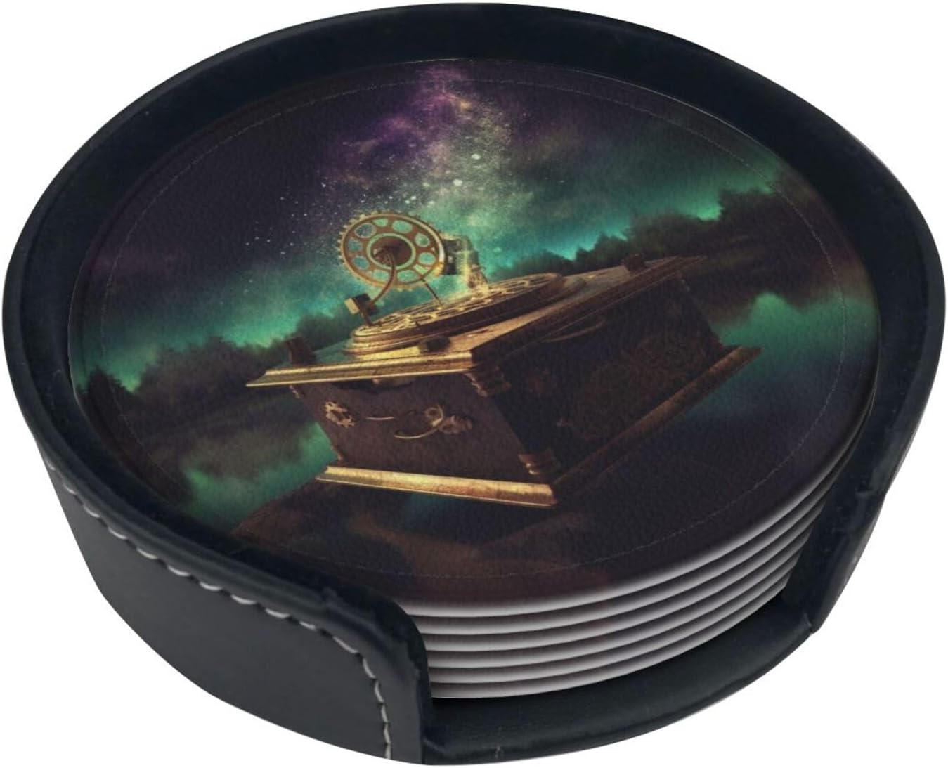 Dream Music Box Coasters Set of 6, Leather Coasters for Drinks Absorbent Drink Coasters with Holder Cup Mat for Tabletop Protection Cup Coasters for Coffee Table Coasters Gifts image 2