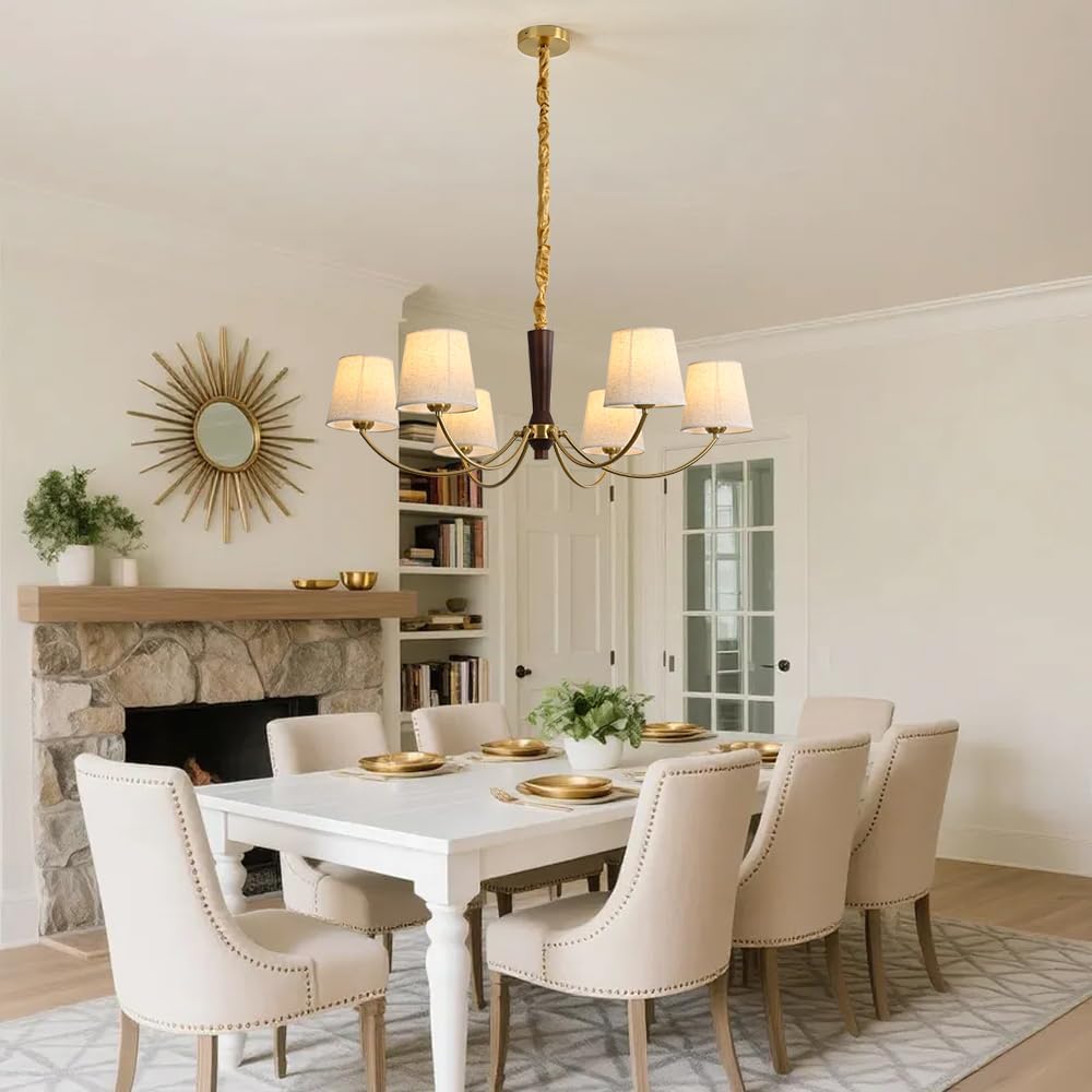 6-Light Modern Chandelier with Fabric Shades, Brass Finish & Wood Accent Pendant Chandelier, Adjustable Chain Hanging Ceiling Light for Dining Room Living Room Kitchen E26 Base