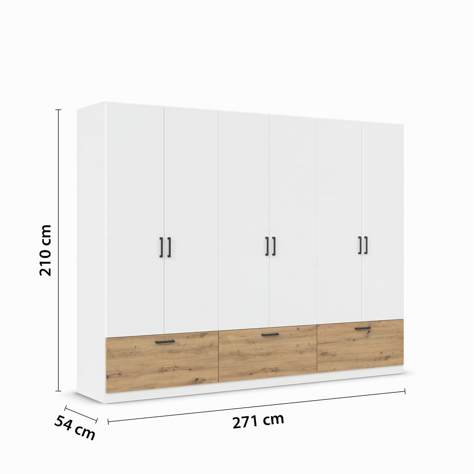 Rauch Möbel BARI, Kleiderschrank, Farbe Weiß/Eiche Artisan, Breite 271 cm | Schrank, 6-türig, 3 Schubladen, für Schlafzimmer, Kinderzimmer, Babyzimmer, Homeoffice, Garderobe, Flur