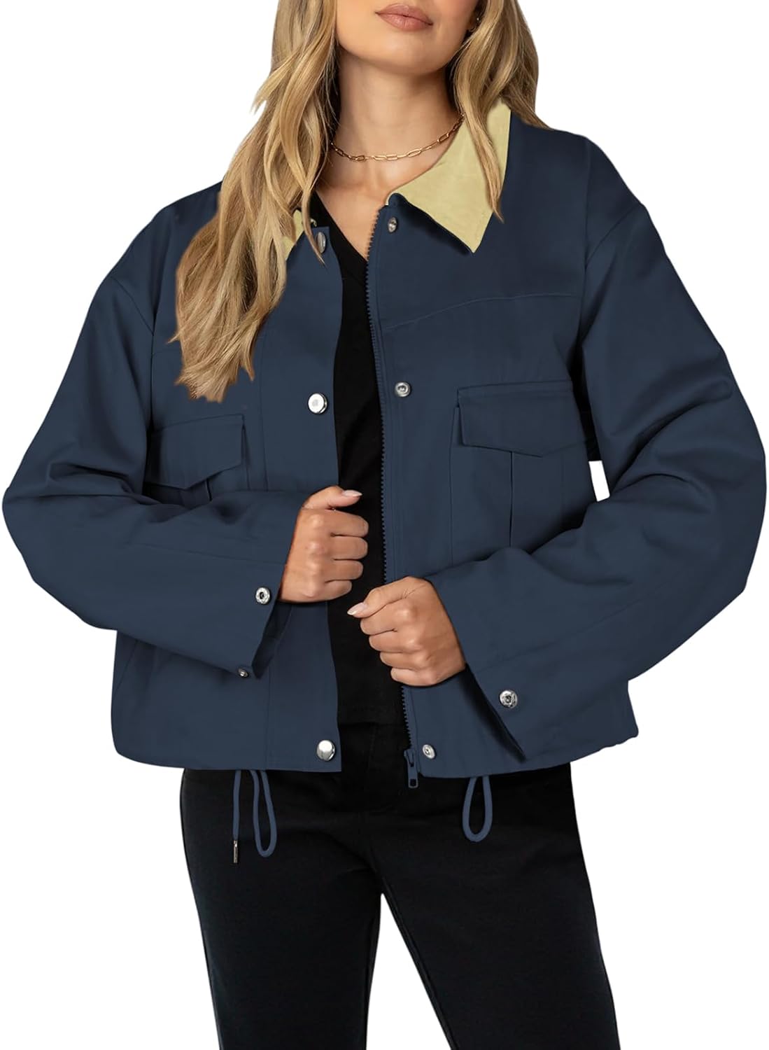 Womens Cropped Jacket Zip Up Lightweight Bomber Button Drawstring Oversized Utility Casual Coats With Pockets - Image 4