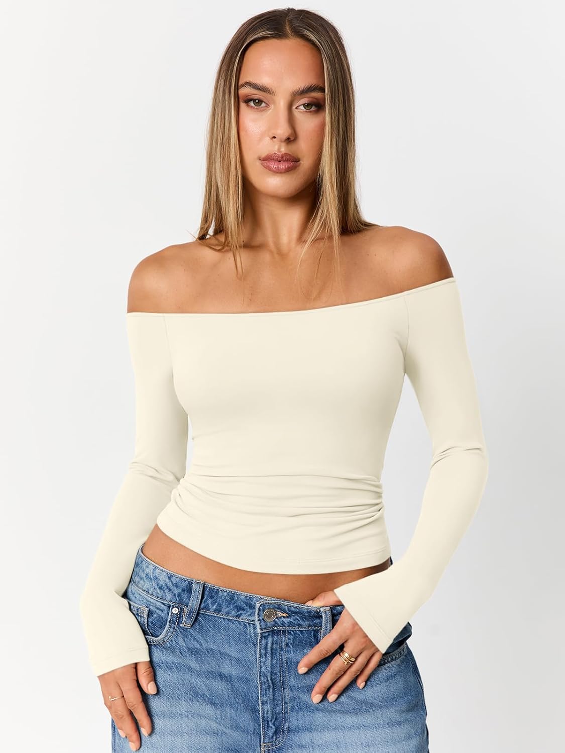 Trendy Queen Womens Long Sleeve Off The Shoulder Tops Going Out Cute Basic Y2K Fall Fashion 2026 Outfits Clothes - Image 2
