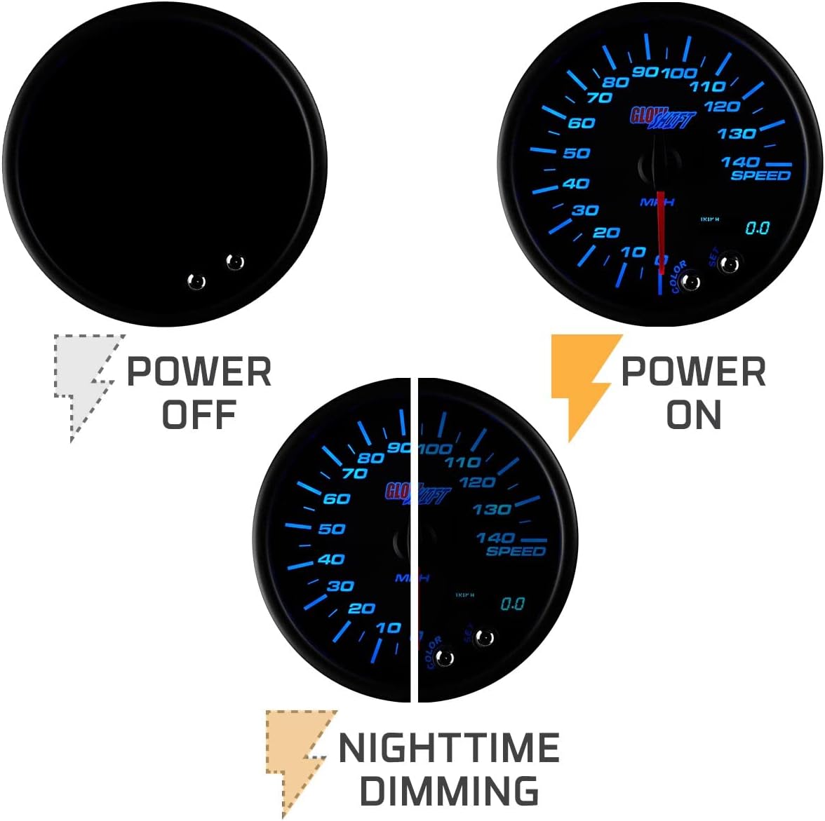 GlowShift Tinted 7 Color 140 MPH Speedometer Gauge - Mounts in Custom Dashboard - Resettable Trip Meter - Includes Wiring - Black Dial - Smoked Lens - 3-3/4" 95mm