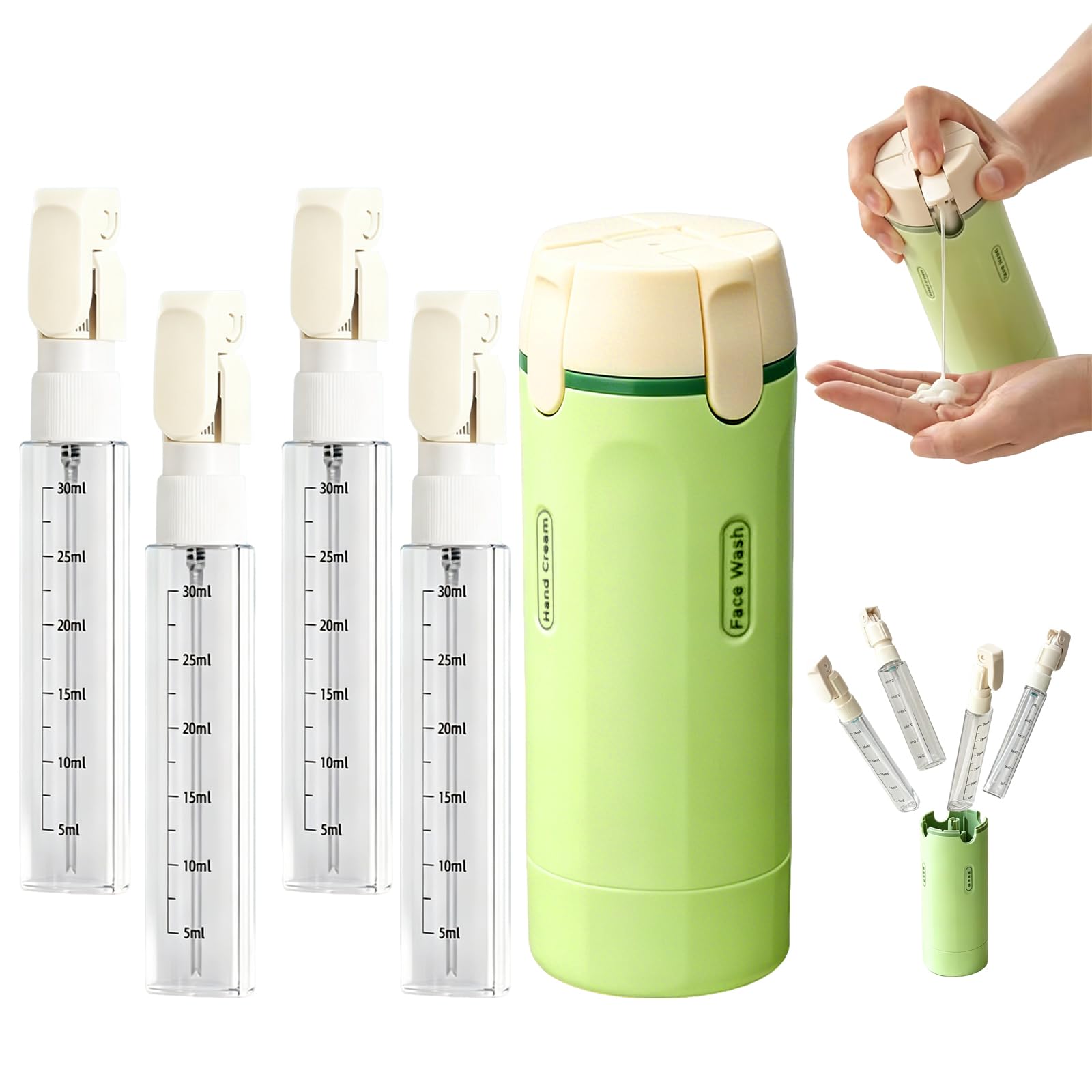 Set di 4 flaconi dispenser da viaggio, Flacone da Viaggio 4 in 1, Ricaricabili Flaconi da Viaggio per Shampoo, contenitori da viaggio portatili per shampoo, lozione, balsamo e crema (Verde)