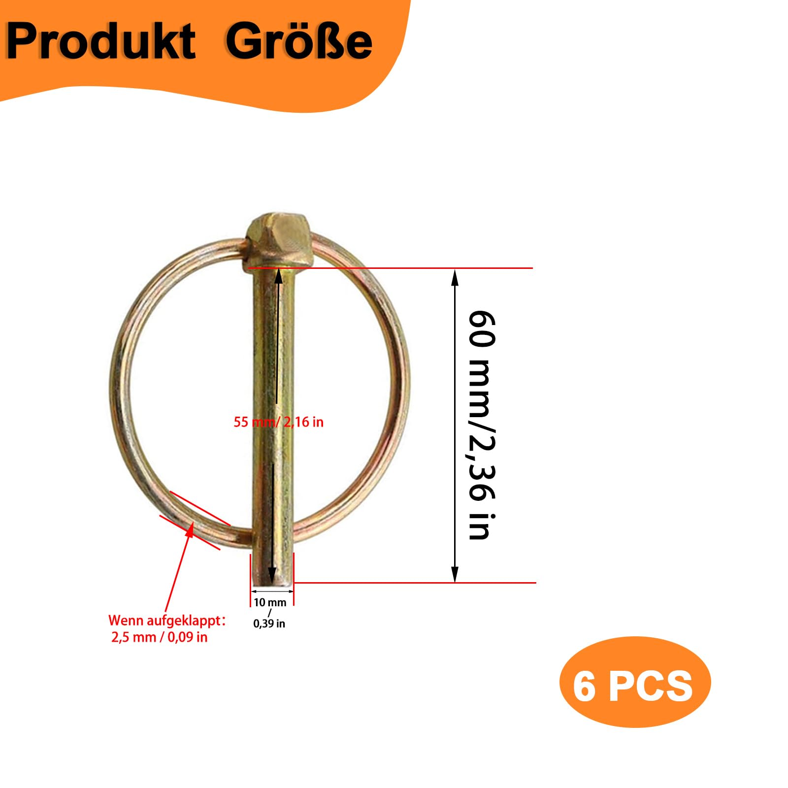 Spinotti pieghevoli rotondi 6 pezzi, Spinotti pieghevoli 10mm x 60mm, Spinotto di sicurezza zincato con supporto a molla, Bulloni di sicurezza, Per rimorchi, trattori, bicicletta, barca