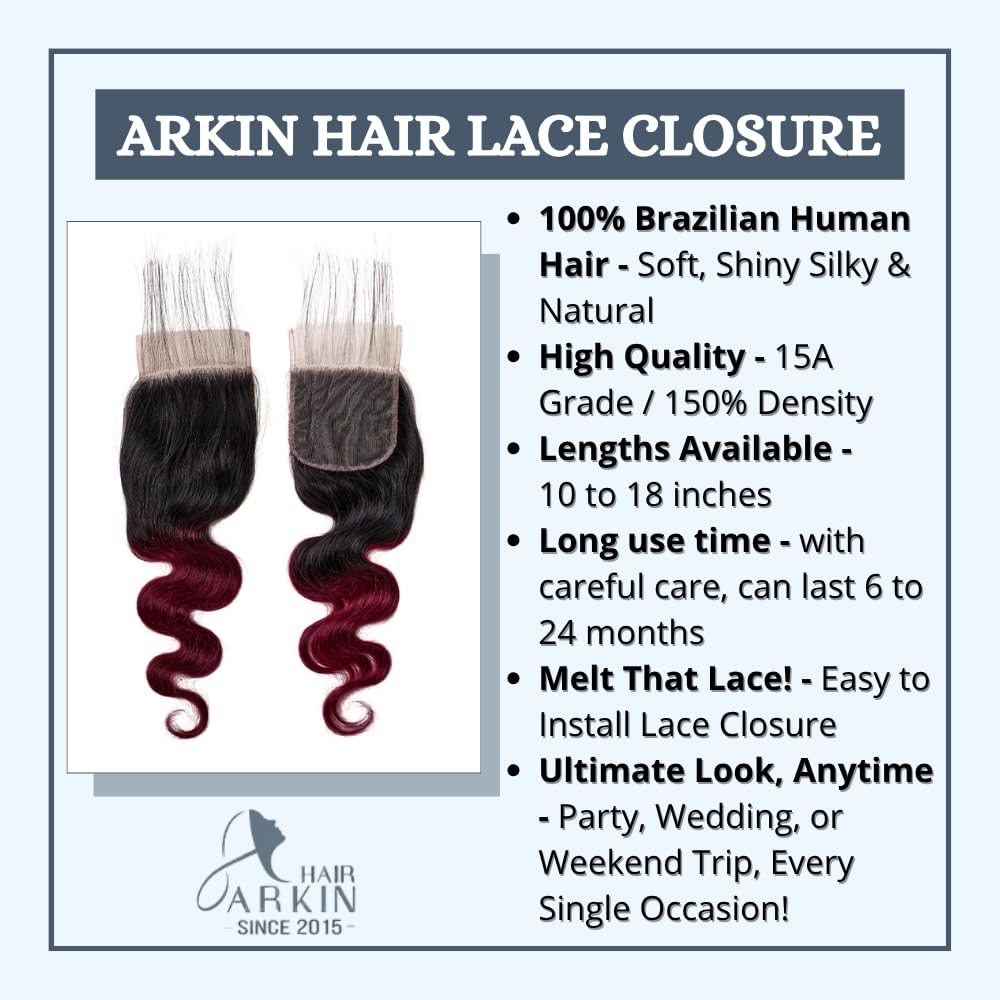 Burgundy Body Wave 4x4 Closure Human Hair, Ombre Brazilian Virgin Remy Pre Plucked, 100% human hair Closure Free Part 15A, Two tone Burgundy and black 4X4 hd lace closure wigs T1B/99J 12 inch