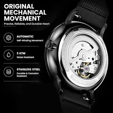 Men's Skeleton Automatic Watch, Black Minimalist Mechanical Watch