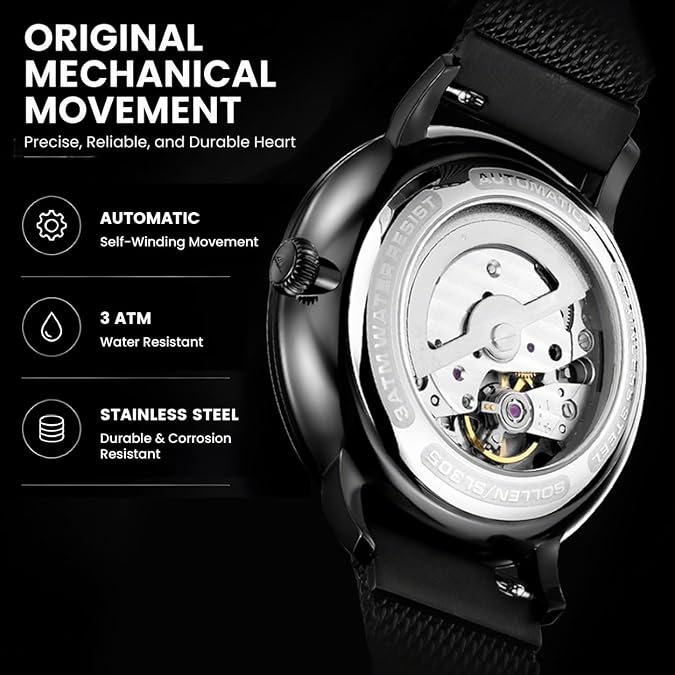 Men's Skeleton Automatic Watch, Black Minimalist Mechanical Watch