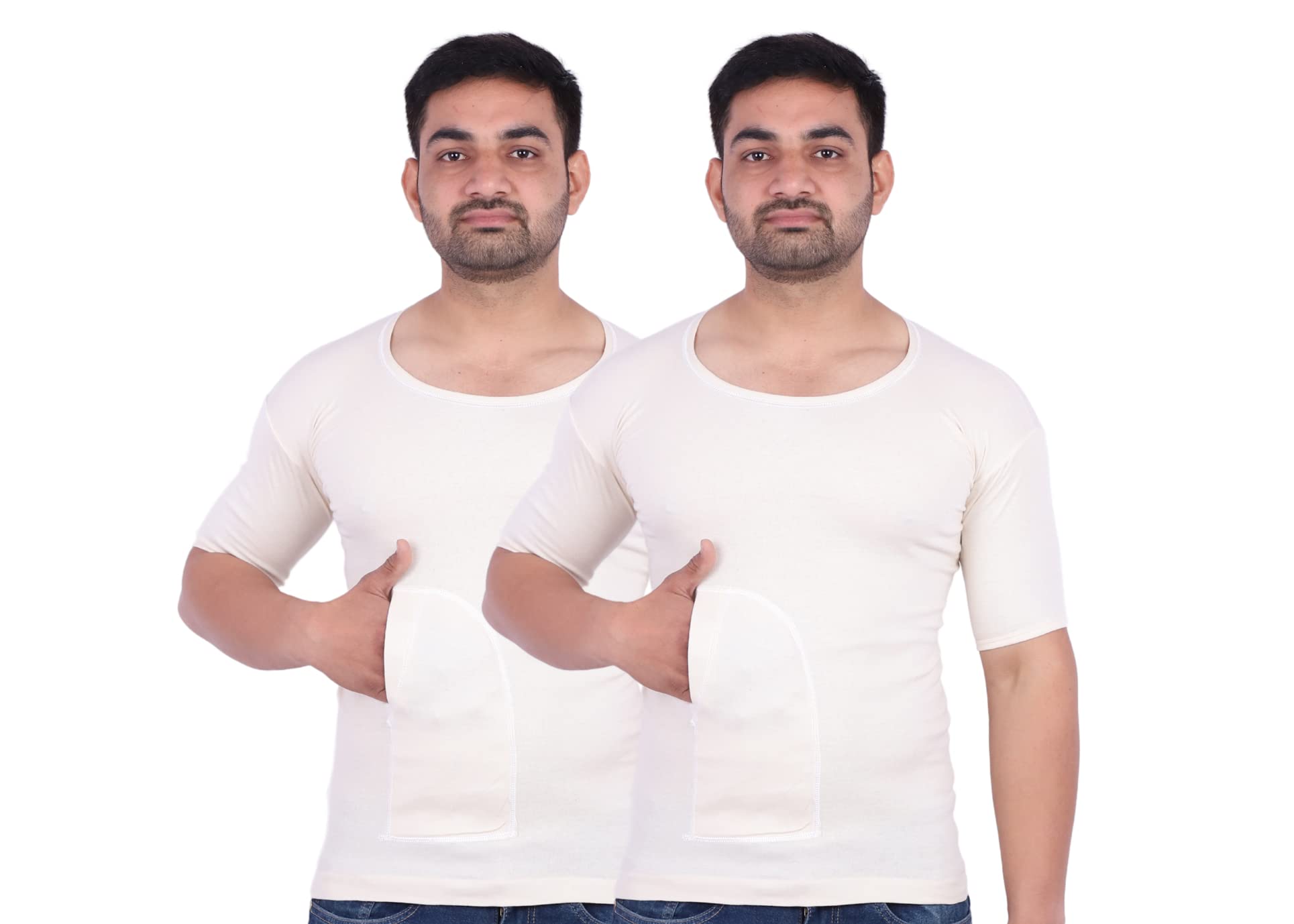 spenca Cotton Men Pocket Interlock Half Sleeves Rns Vest Off White Color Pack of 2-picture-46
