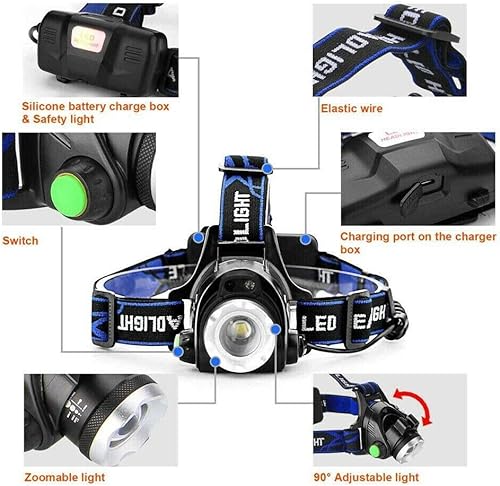 Miniatura 5 de Wrrozz - Linterna LED para la cabeza, lámpara de cabeza recargable táctica súper brillante para adultos, impermeable, para correr al aire libre,