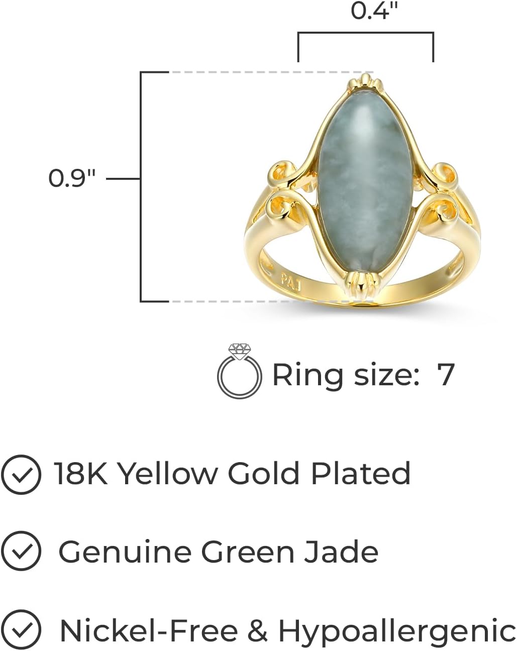 .925 Sterling Silver Rhodium or 18K Yellow Gold Plated Genuine Green Jade Rings for Women - Hypoallergenic Vintage Celtic Oval Jade Stone Statement Rings Scrollwork Setting, Size 5-9