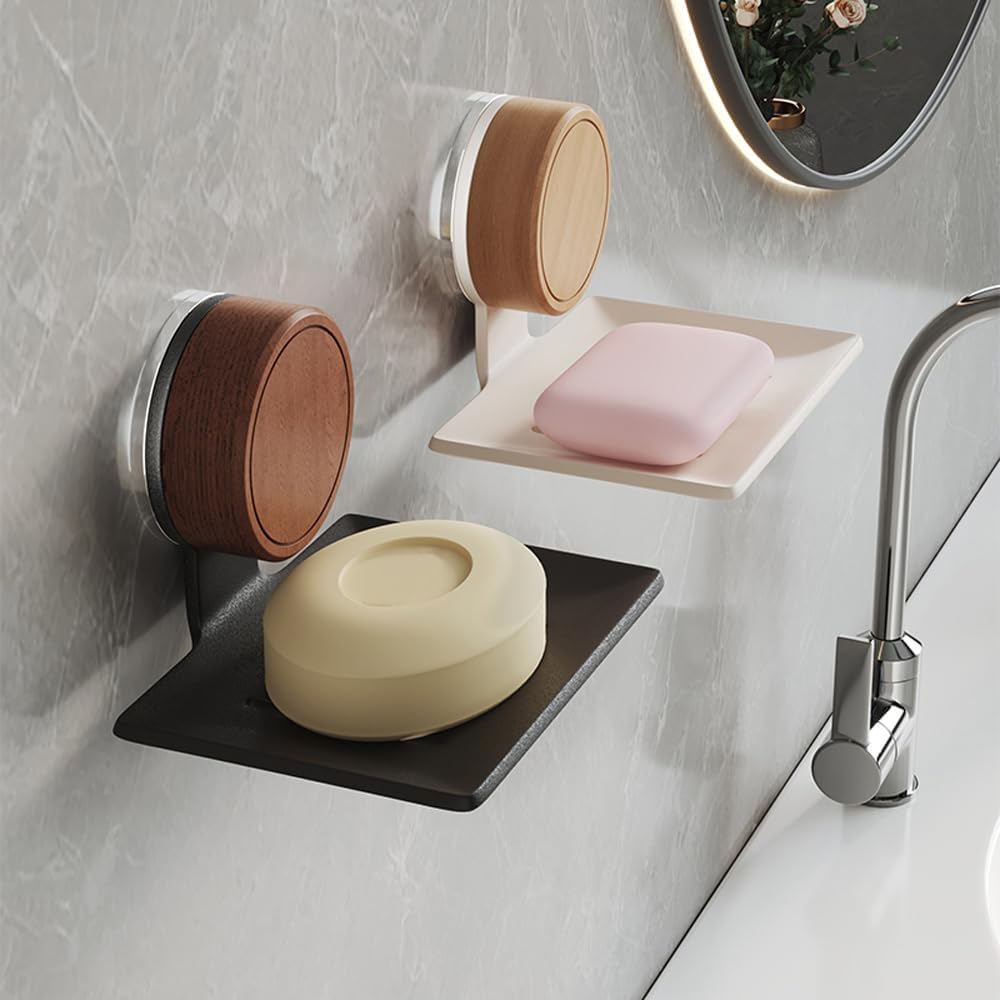 Soap Dish, Walnut and Stainless Steel, Soap Bar Holder for Shower Suction Cup Wall Mounted, No-Drilling Waterproof Sponge Holder (White)