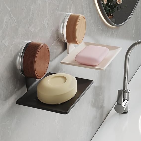 Soap Dish, Walnut and Stainless Steel, Soap Bar Holder for Shower Suction Cup Wall Mounted, No-Drilling Waterproof Sponge Holder (White)