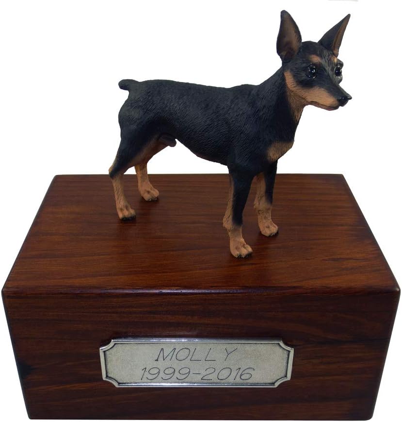 Conversation Concepts Beautiful Paulownia Small Wooden Urn with Black & Tan Min Pin Figurine & Personalized Pewter Engraving