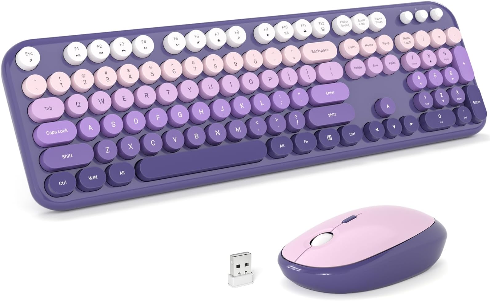 Wireless Keyboard Mouse Combo - Lovely Purple-Gradient Rainbow Full-Sized Typewriter Colorful Keyboards, Round Keycap Plug Play Retro Cute Keyboards for Windows, Laptop, PC, Desktop, Computer