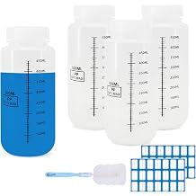 Pack of 4 500 ml Plastic Bottles for Filling with Scale Bottle Brush Labels Laboratory Wide Mouth Bottle Plastic Bottle Translucent PP Bottle for Water Sample Bottles Pill Bottles