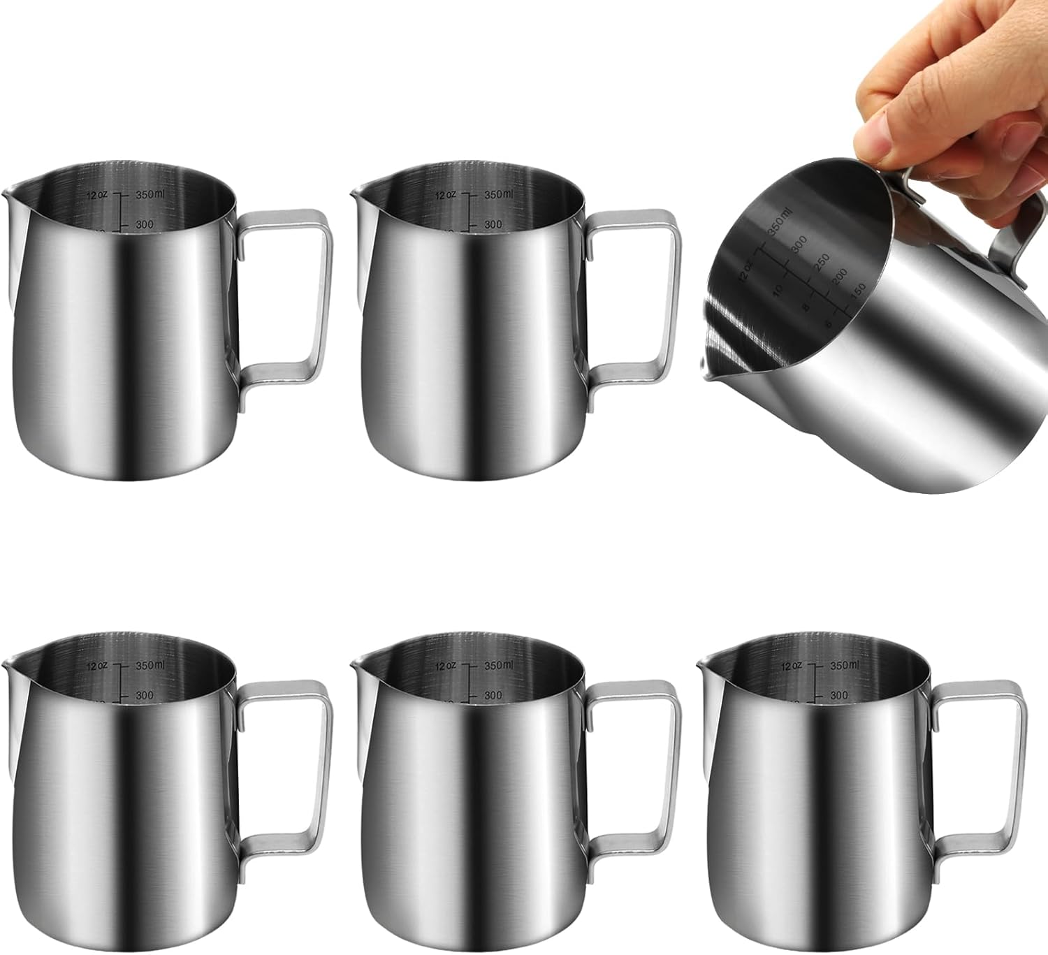 Litoexpe 6 Pcs Milk Frothing Pitcher, Stainless Steel Espresso Pitcher Heat Resistant Frother, 12 Oz Barista Tools for Espresso Latte Art Lovers
