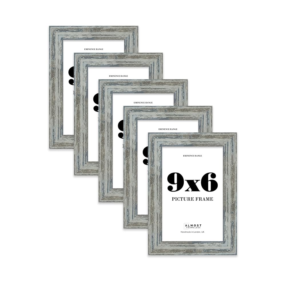 9x6" Distressed Blue Picture Frame - Rustic Wood Industrial Effect Photo Frame for Wall Display, Ideal for Posters, Prints & Home Décor, Wall Hooks and Kickstand, 32mm Edge - 5 Pack
