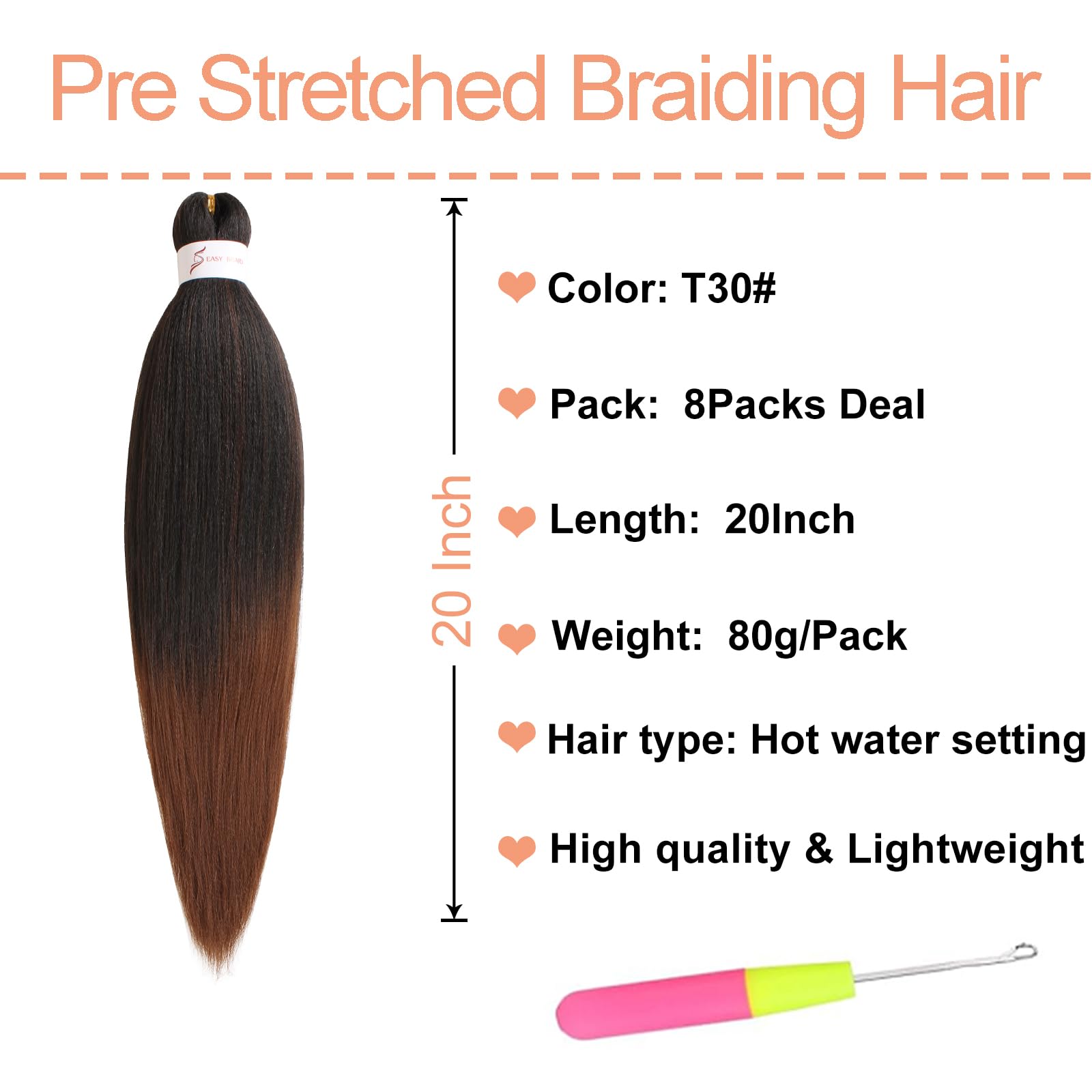Mscat 20 Inch 8 Packs Pre Stretched Braiding Hair Ombre Brown Pre Stretched Braiding Professional Synthetic Prestretched Crochet Braids Hair Extension Hot Water Setting Yaki Texture (T30#) - Image 2