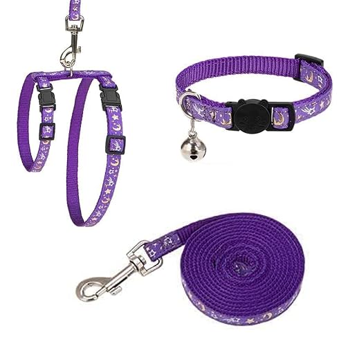 One Piece Glow in The Dark Cat Harness Leash Outdoor Walking Cat Harness Lead Set Adjustable for Kitty Outdoor Walking (Purple) (Purple) - Purple