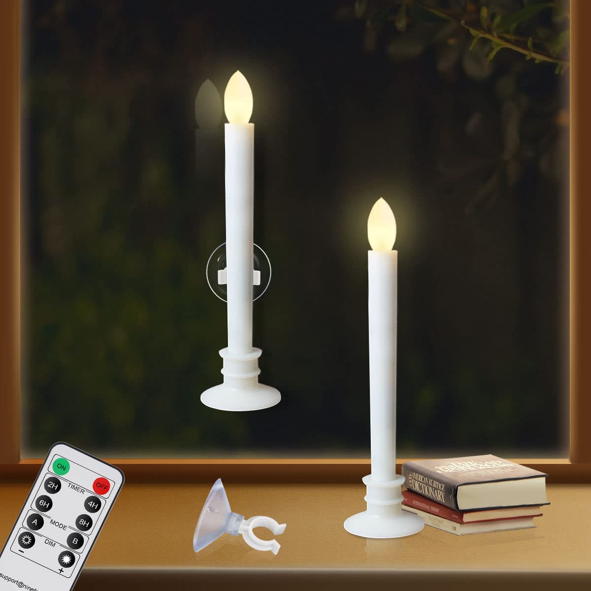 2 Pack Flameless Taper Candles with Remote/Timer &amp; Suction Cup, Battery Operated Flickering LED Window Candles, Vintage Christmas Electric Fake Candlesticks, White Holder