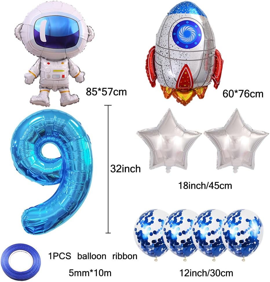 Astronaut Rocket 9th Birthday Party Balloons Jumbo Spaceman Birthday Balloons Outer Space Theme Foil Balloons 32 Inch Blue Number 9 Helium Balloon for Birthday Party image 2