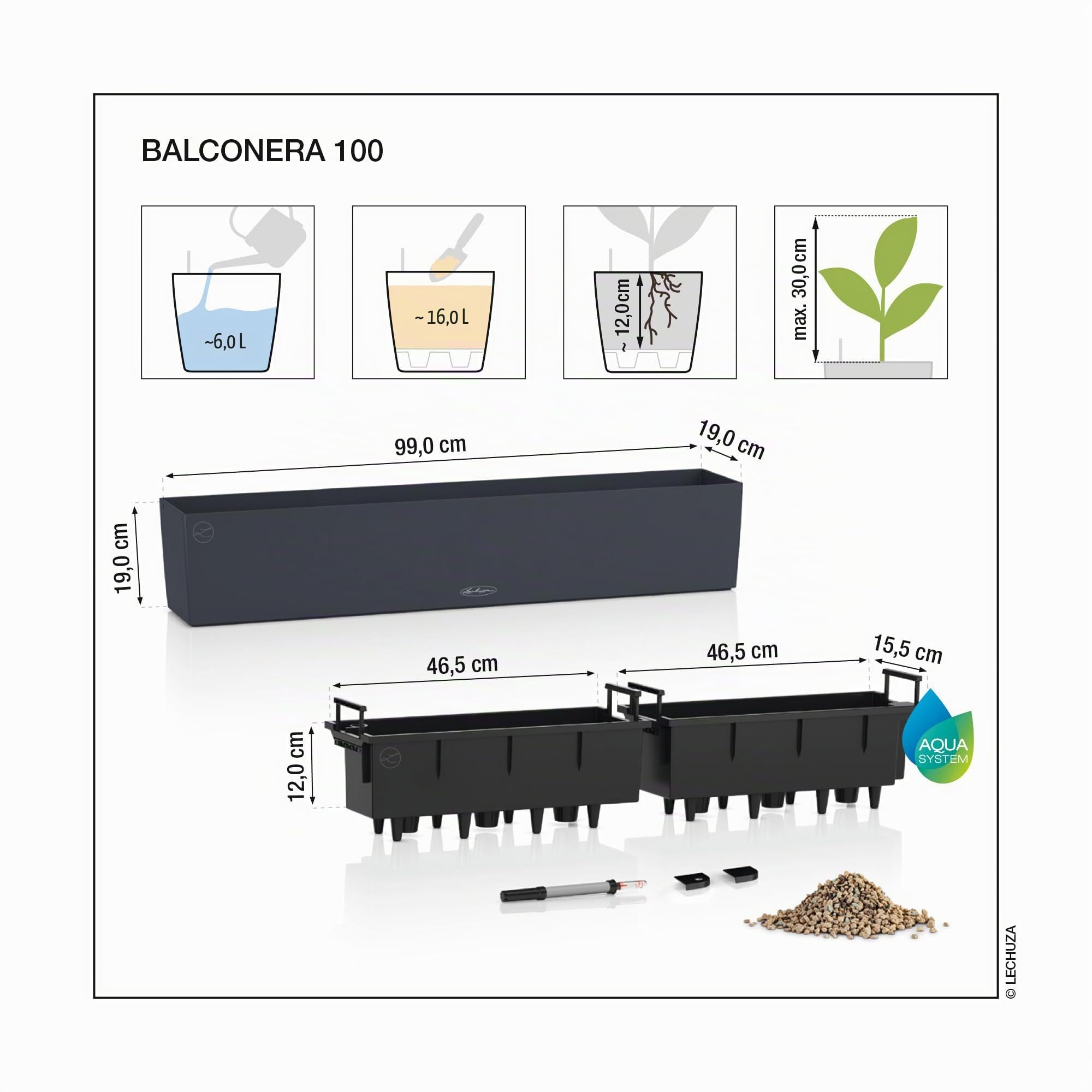 Lechuza Balconera Color 100 Jardinière de Balcon avec système d'irrigation, indicateur de Niveau d'eau et bac à Plantes, Surface Mate, 99 x 19 x 19 cm, 15918, Gris Ardoise