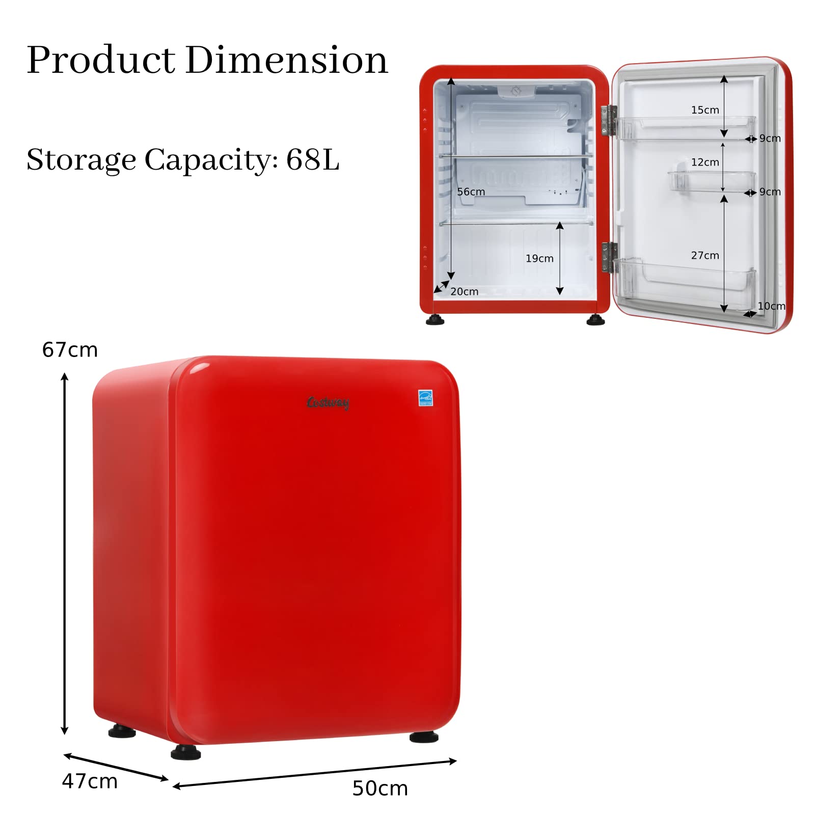 COSTWAY Mini Fridge, 42L/68L Compact Table Top Refrigerator with LED Light, Adjustable Thermostat, Reversible Door and Removable Glass Shelf, Home Dorm Drinks Wine Refrigerators (68L, Red) — view 7