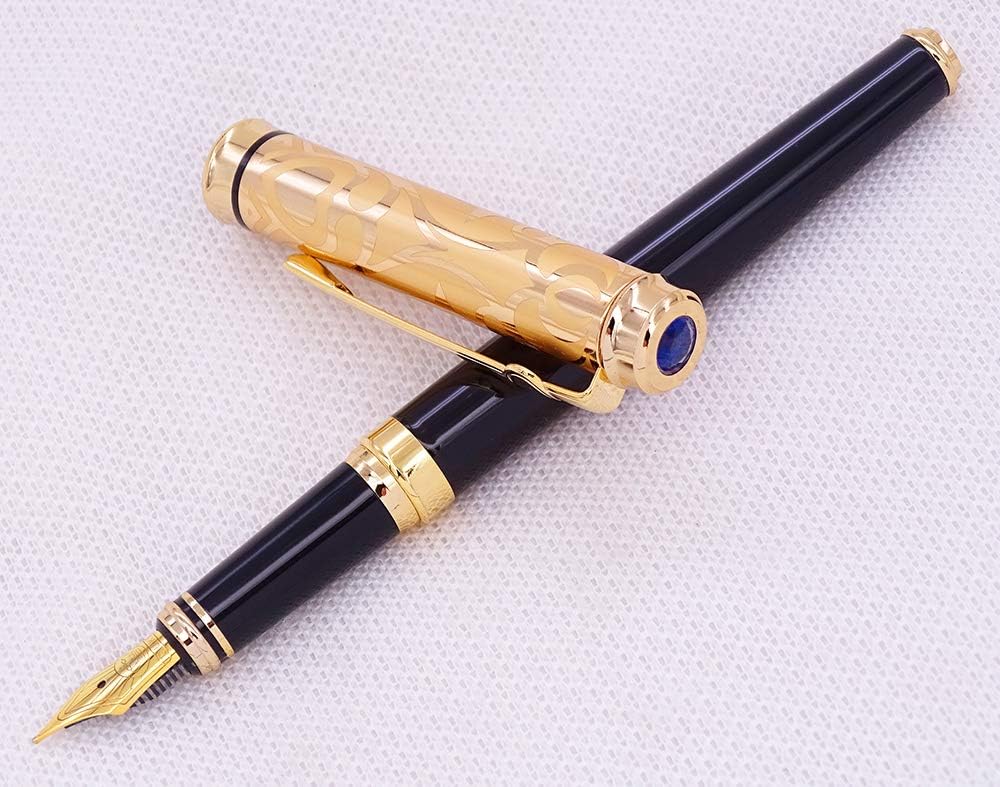erofa Duke Sapphire Fountain Pen Gold Cap with Original Gift Box Writing Set, Iridium Medium Nib Unique Electroplated Engraving Cap for Office Gentlemen Ladies