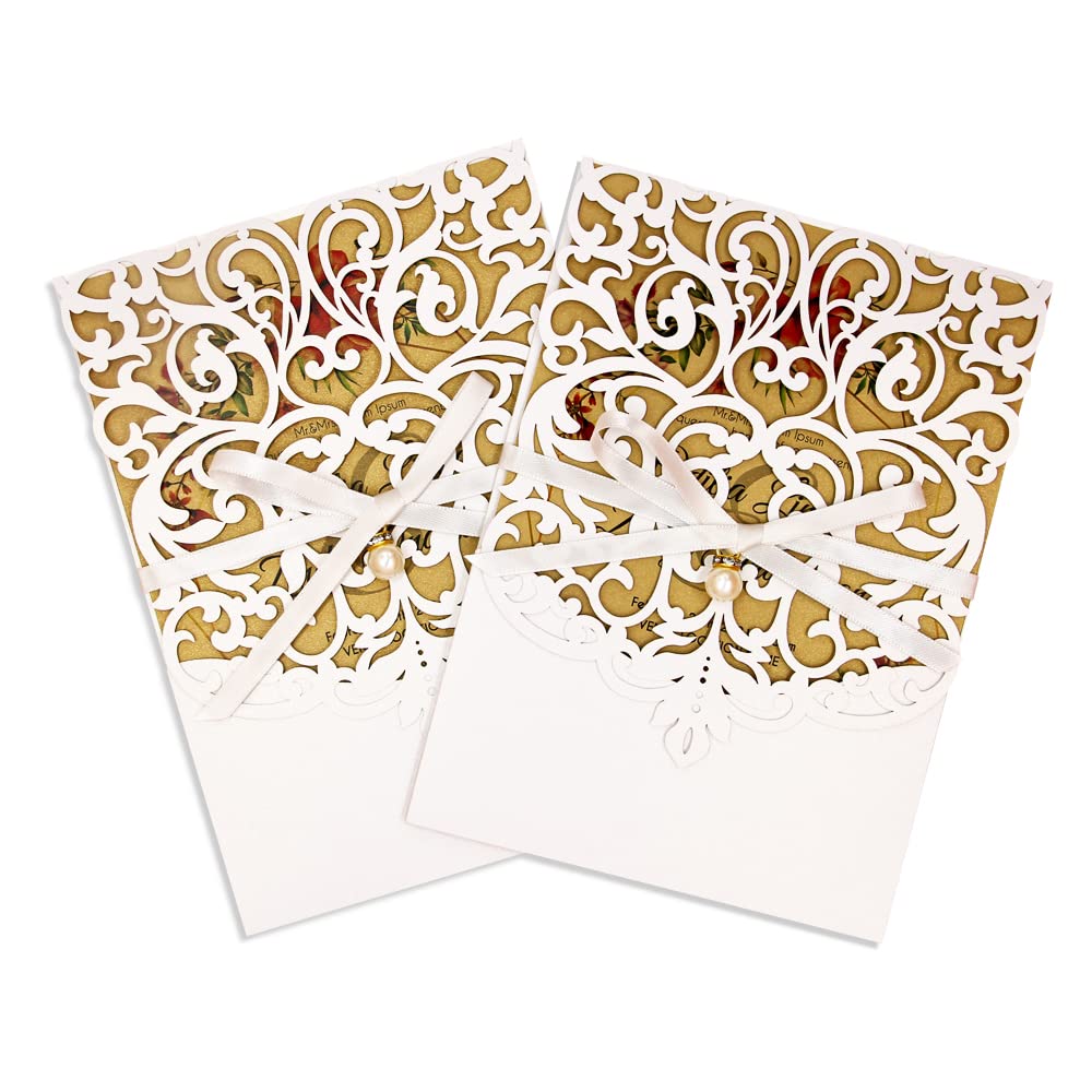 PCORES Laser Cut Invitations White Wedding Invitation with Envelopes and Ribbon Belly Band Pearl Embellishments, Blank Inner Sheet & Rsvp Cards for Wedding Bridal Shower(5 x 7, 40 pcs)