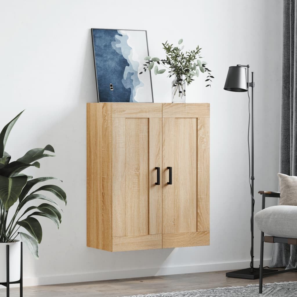 Armadio da parete Sonoma rovere 69,5 x 34 x 90 cm, in legno con 3 scomparti e 2 ante, moderna credenza sospesa con maniglie in ferro per soggiorno, camera da letto, corridoio e cucina