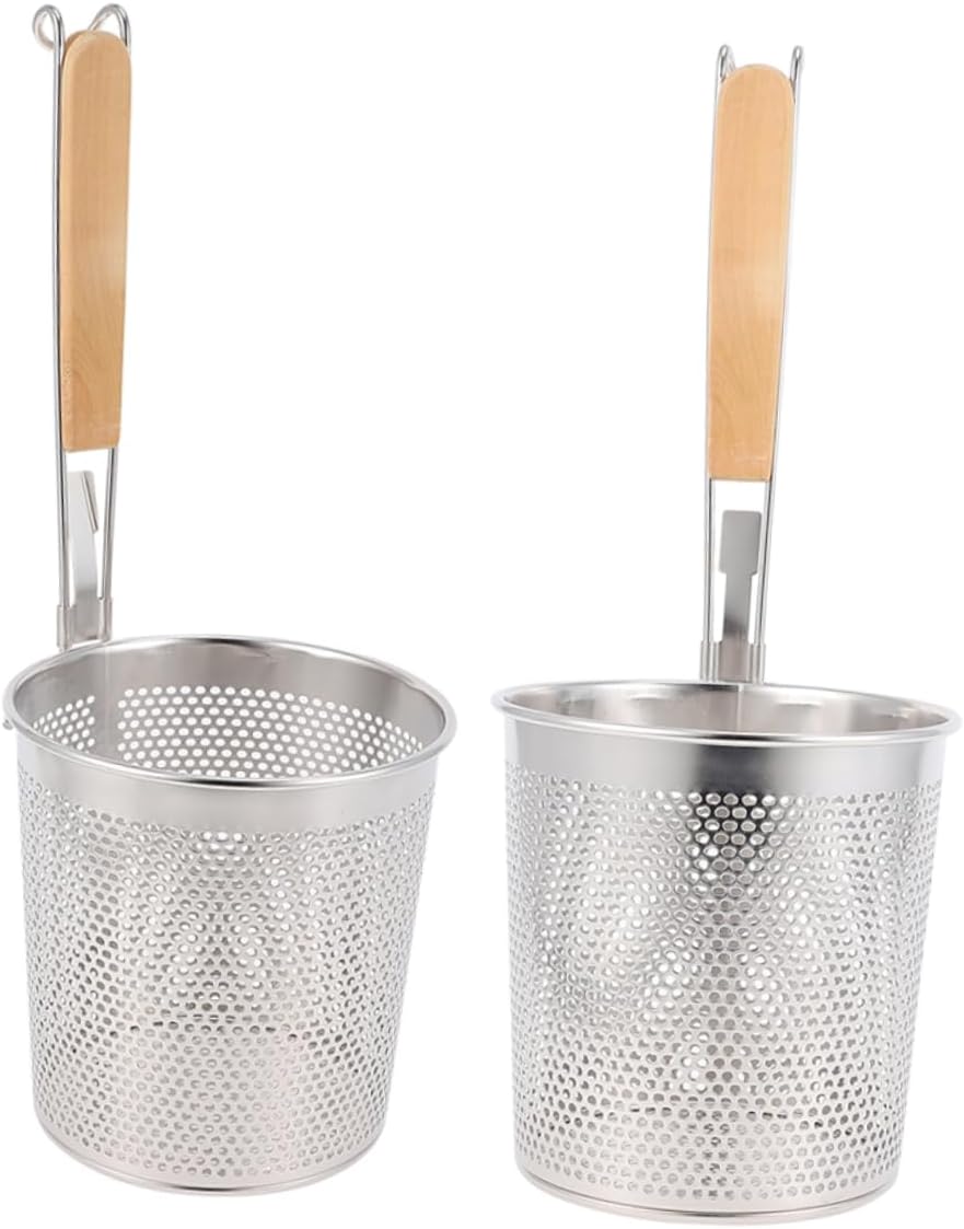 2pcs Stainless Steel Perforated Noodle Skimmer with Wood Handle Versatile Cooking Tool for Pasta Ramen and Dumplings Mesh Strainer Basket for Efficient Draining