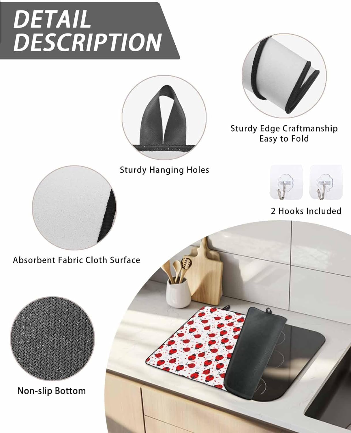 Red Ladybug Stove Cover for Electric Stove, Cartoon Insects Animal Love White Background Stove Top Cover for Glass Top, Heat Insulation Rubber Mat Foldable Cooktop Top Protector, 28.5"x20.5"