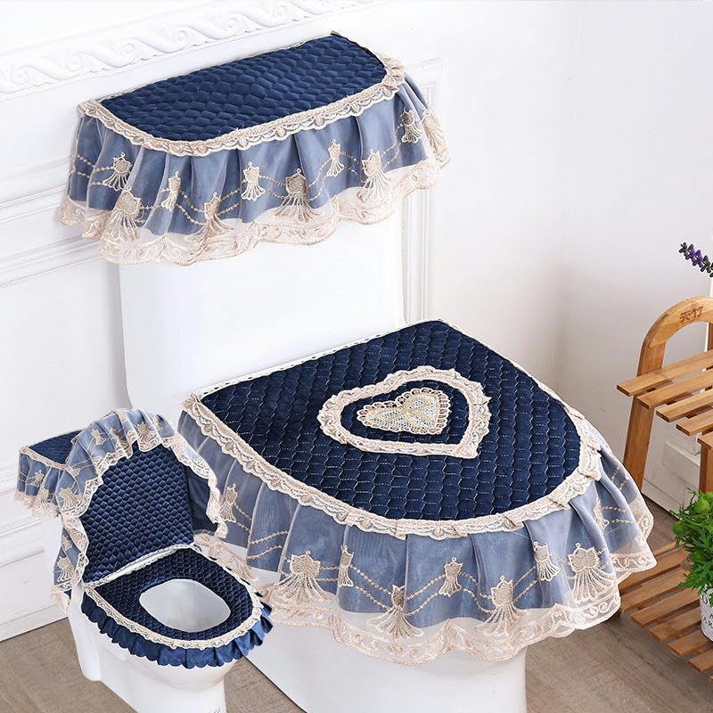Toilet seat Covers Lace Embroidery Toilet Lid Covers, 3pcs/Set Lake Blue Velvet Lace Flowers Toilet Lid & Tank Covers Toilet Seat Cover Pads Toilet Seat Cushion Pads Toilet Seat Warm Pad(Blue)