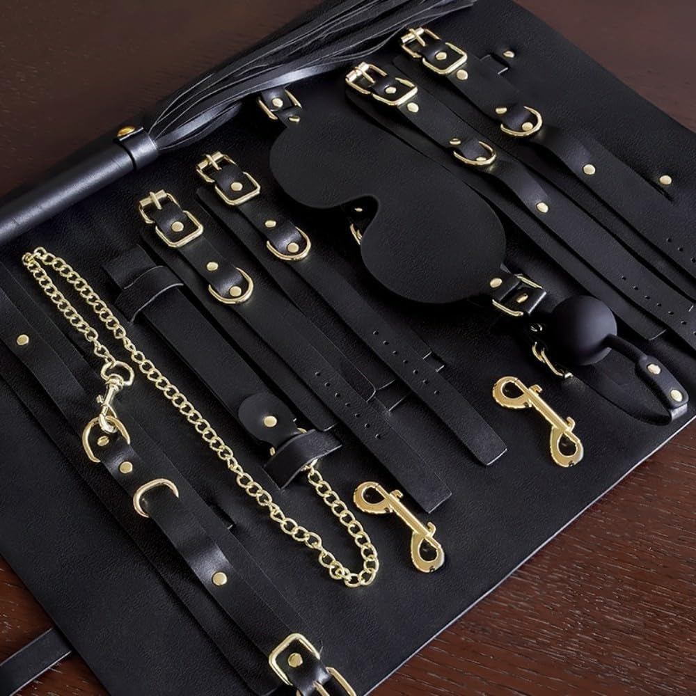 BDSM Restraints Sex Toys 8pc Bondage Restraints Set Fetish Bed Restraints Kits for Beginners,Leather Bondage Sexual BDSM Kit(Black)