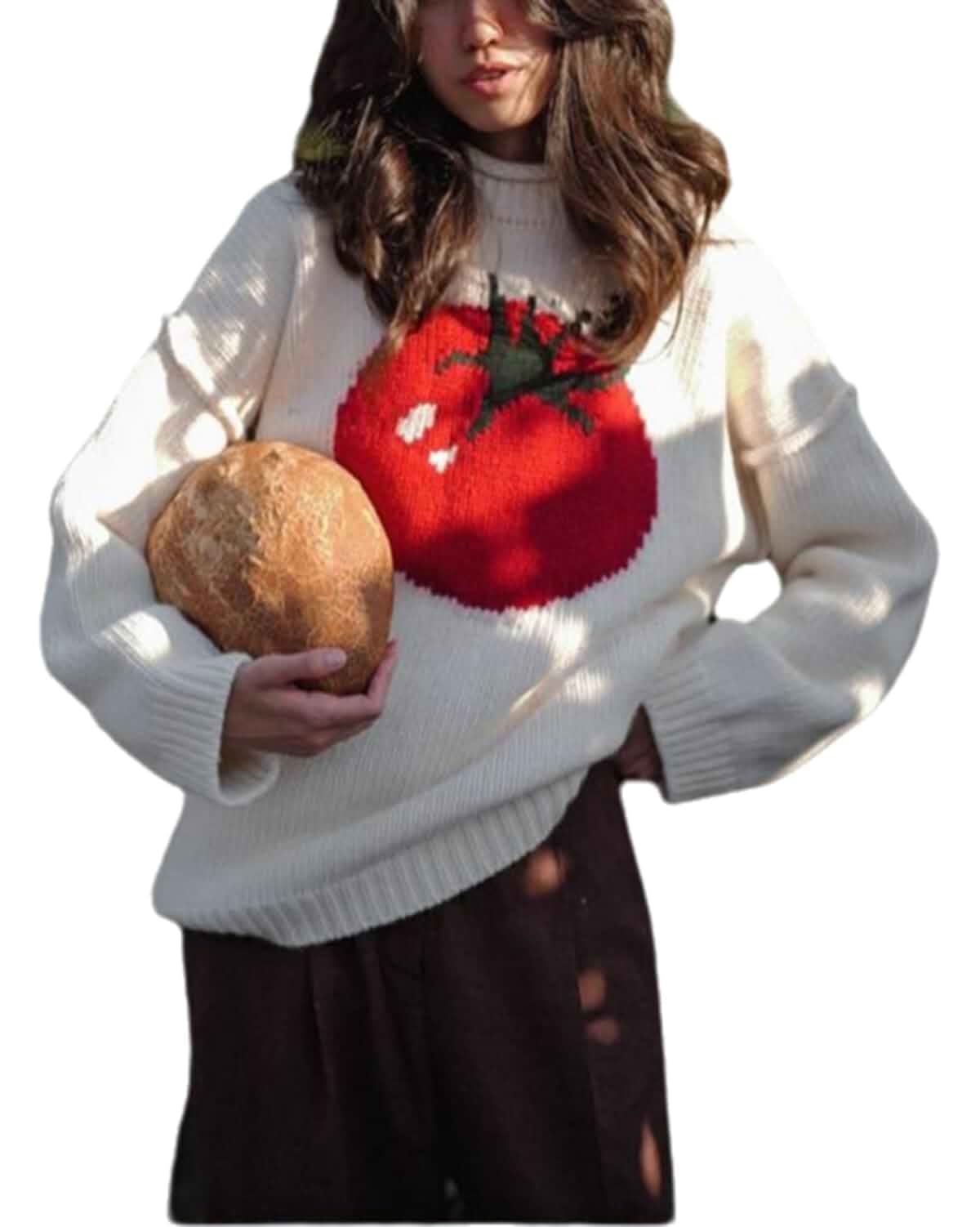 Women Cute Tomato Sweaters Vintage Graphic Long Sleeve Mock Neck Loose Preppy Knitted Pullover Tops Long Sleeve