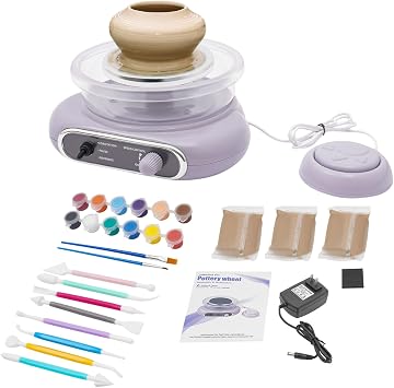 Mini Pottery Wheel Kit, Adjustable Speed Electric Ceramic Making Machine for Kids with 8 Sculpting Tools and 12 Paints, Clay Making Pottery Machine for Home DIY, Pottery Studios, DIY Stores,