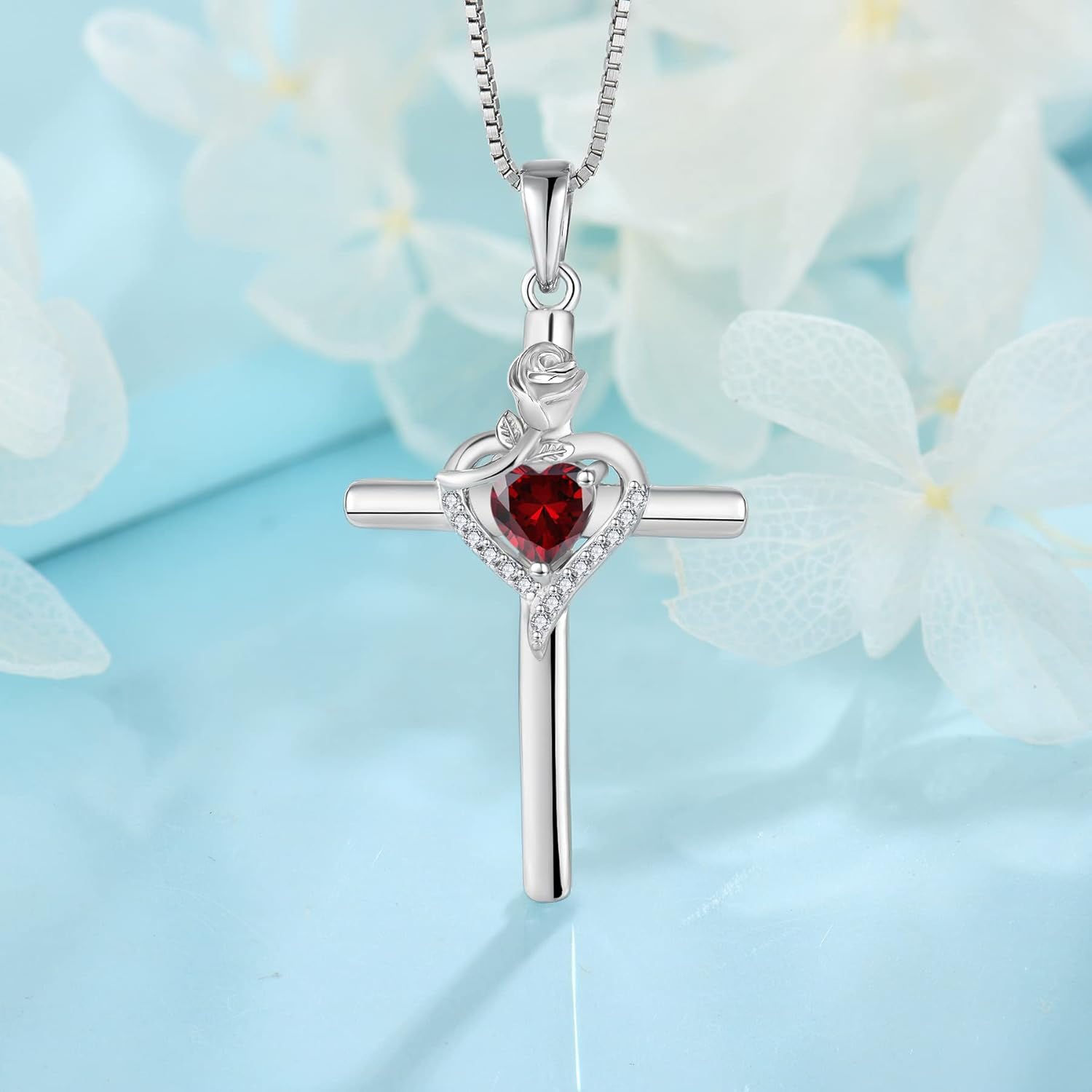 FJ Cross Necklace 925 Sterling Silver Rose Flower Pendant Religious Necklace Birthstone Jewelry for Women - Image 4