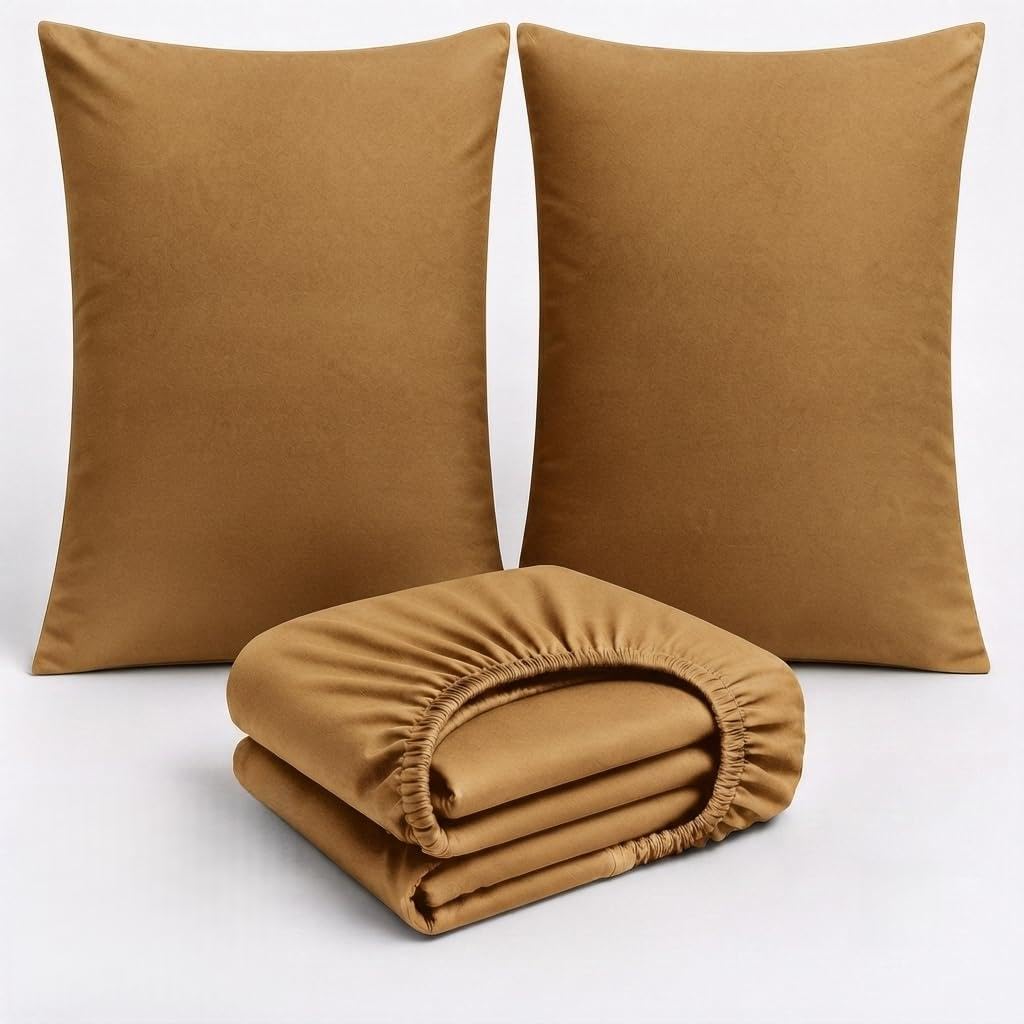 3 Piece Cotton Bedding Set UK – 200 Thread Count Deep Fitted Sheet 25cm with 2 Pillowcases, Soft Breathable Hotel Quality Bed Linen, Elasticated, Camel, Super King
