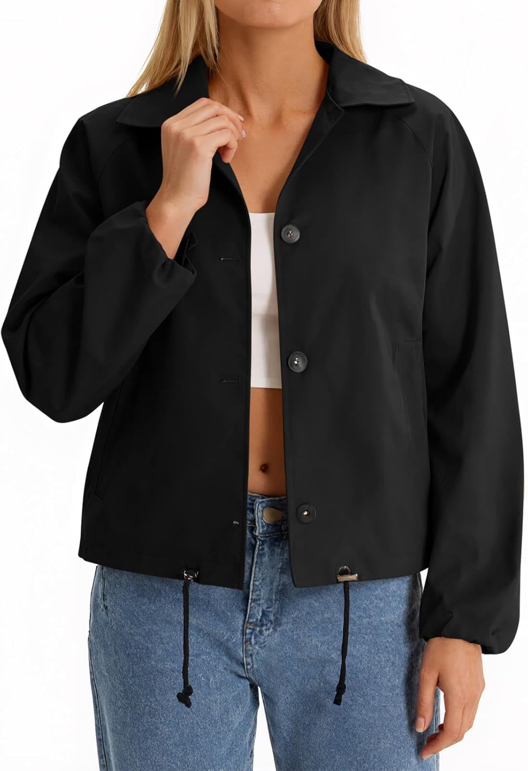 Yousify Womens Cropped Bomber Jackets Button Down Lapel Collar Coats Adjustable Waist Trench Coat Outerwear with Pockets - Image 2