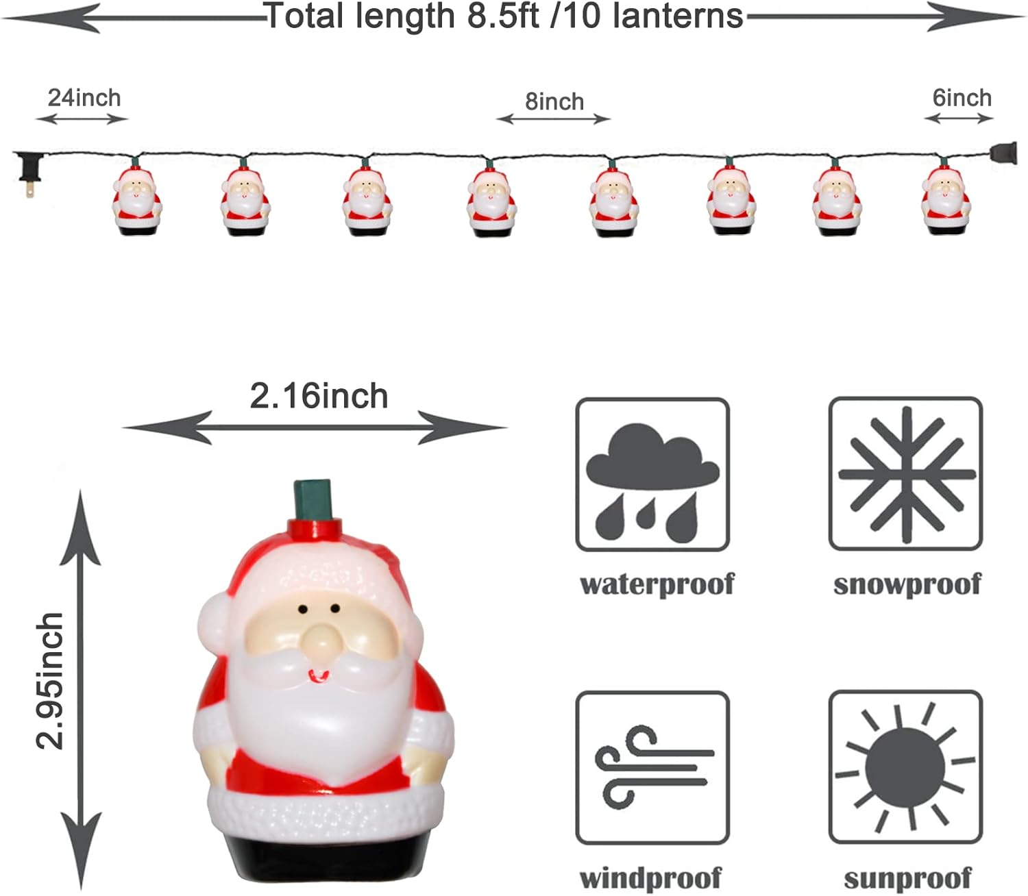 10 Light Santa Head Light Set - 8.5Ft Christmas Santa Claus Decorations String Lights with 10 Santa Claus Decorations Lights, Santa Claus Novelty Fairy Lights for Party Kid's Room Xmas Tree Decor