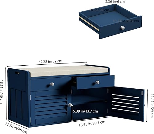 Miniatura 16 de Banco de almacenamiento de 2 niveles, banco de zapatos con cojín de asiento acolchado, banco de entrada con 2 cajones y estantes ajustables, color