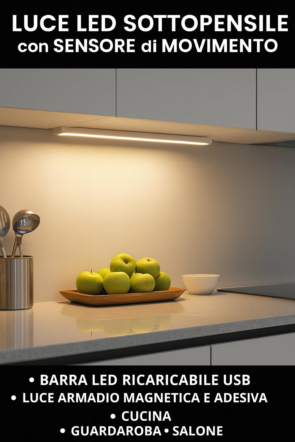 Luce LED Sottopensile 50 cm con Sensore di Movimento, Barra LED Ricaricabile USB 1,35W, Magnetica e Adesiva per Cucina Armadio Guardaroba
