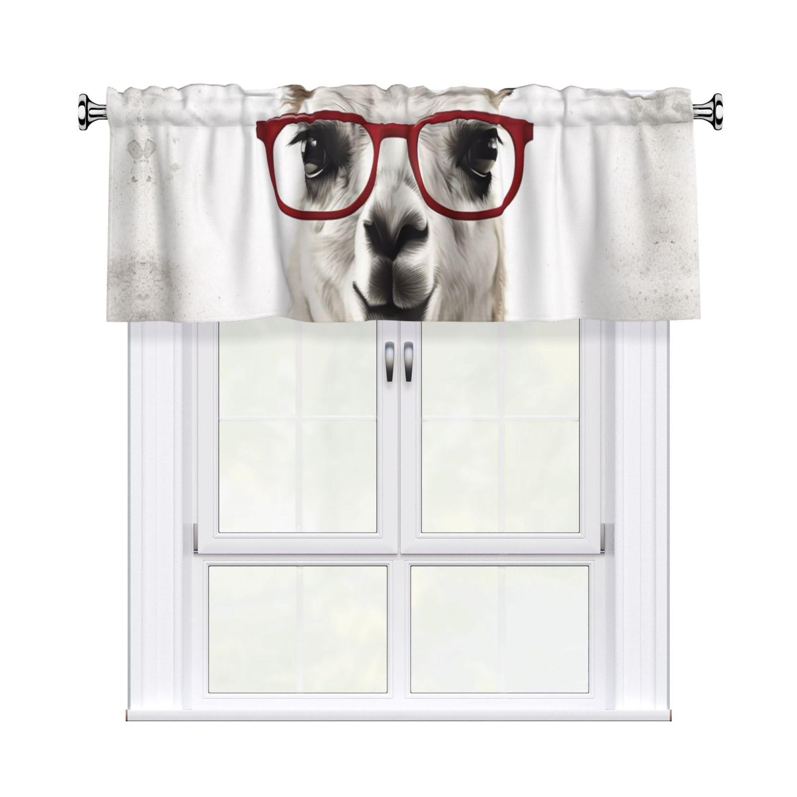 DWVTSLH Llama with Glasses Valances Curtains for Windows, Rod Pocket Drape Valence Blackout Short Curtains for Kitchen Bathroom Bedroom Window Treatment for Home Décor 54x18 Inch